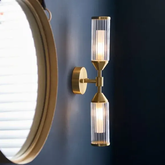 2 Light Wall Light with Ribbed Glass - Gold