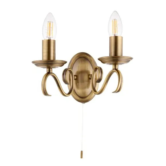 2 Light Wall Light with Scrolled Arms - Brass