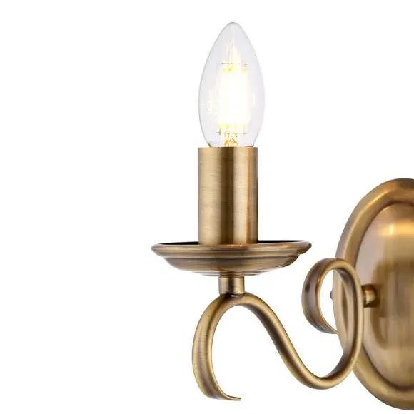 2 Light Wall Light with Scrolled Arms - Brass
