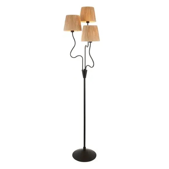 3-Light Floor Lamp with Raffia Shades - Black