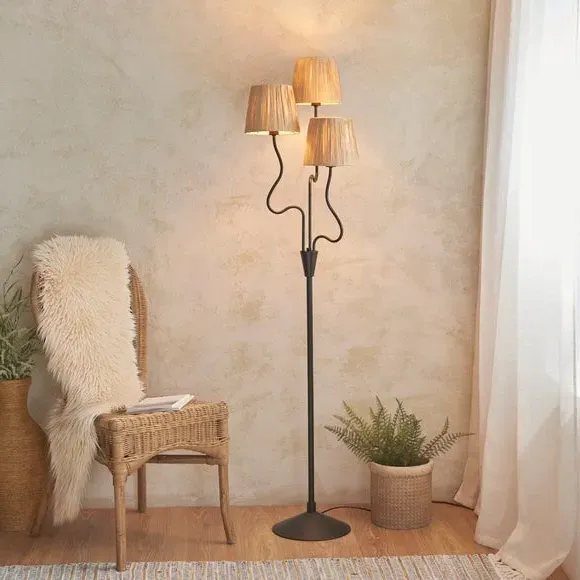 3-Light Floor Lamp with Raffia Shades - Black image