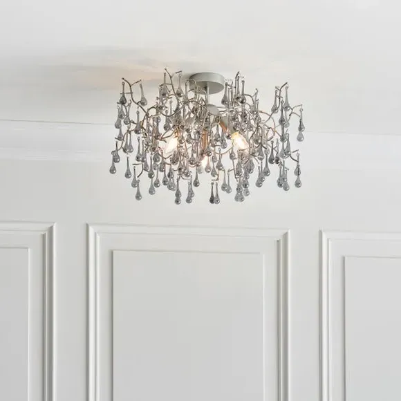 3 Light Flush Ceiling Light - Silver, Glass