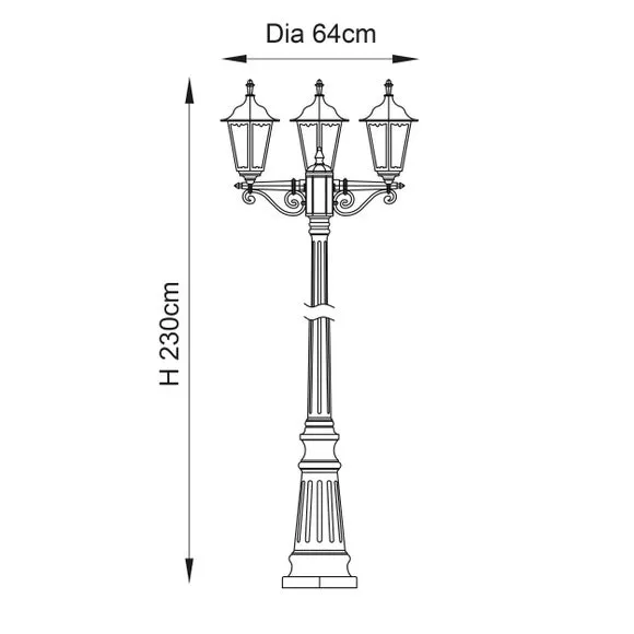 3-Light Outdoor Lamppost - Black, Aluminium