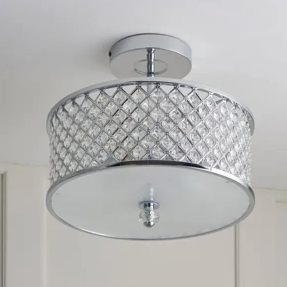 3-Light Semi Flush Ceiling Light - Chrome, Crystal