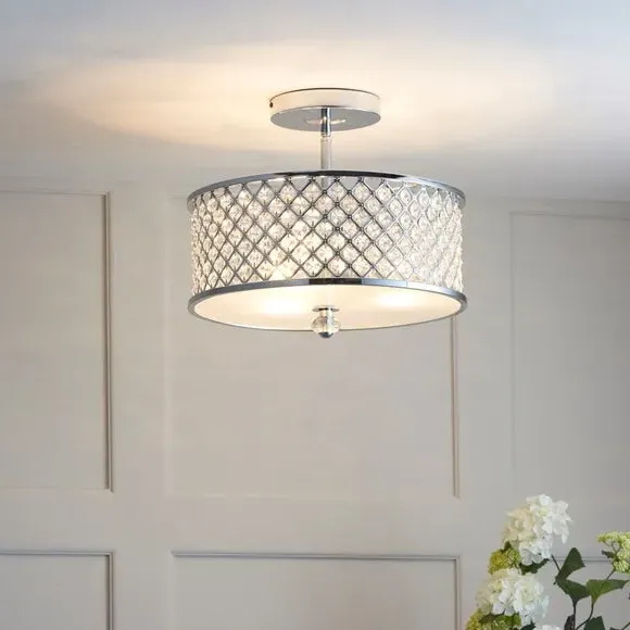 3-Light Semi Flush Ceiling Light - Chrome, Crystal