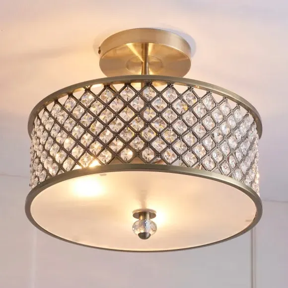 3-Light Semi Flush Ceiling Light - Gold, Crystal