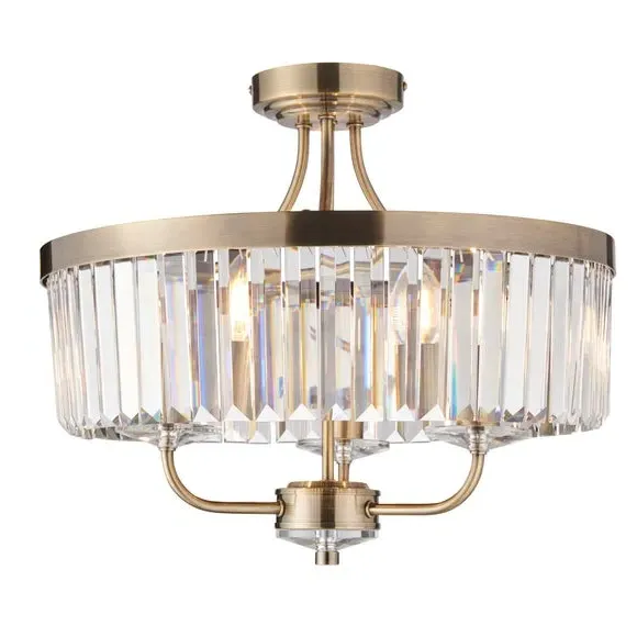 3-Light Semi Flush Chandelier - Brass, Metal