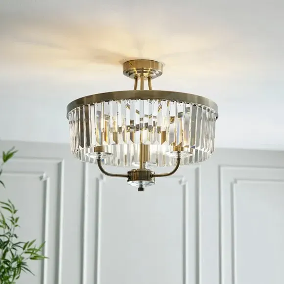 3-Light Semi Flush Chandelier - Brass, Metal
