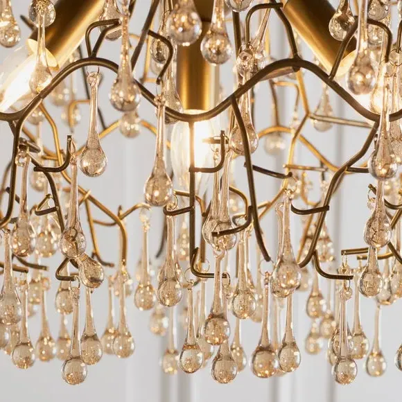4 Light Chandelier with Glass Droplets - Gold