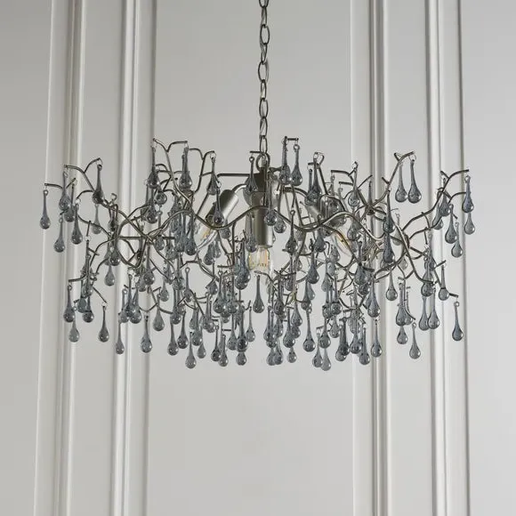 4 Light Chandelier with Glass Droplets - Silver