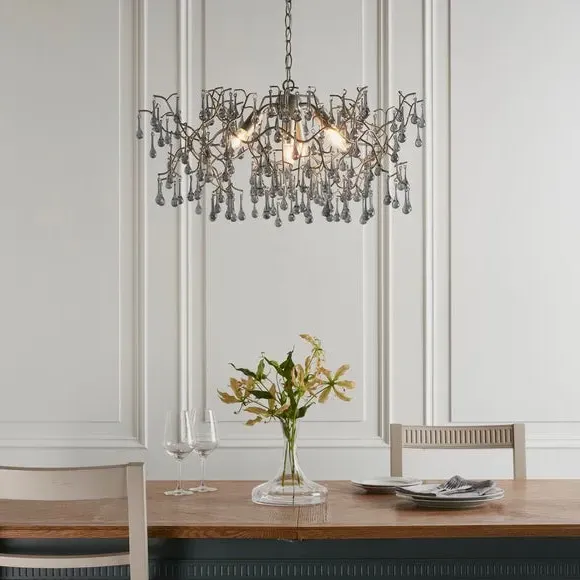 4 Light Chandelier with Glass Droplets - Silver