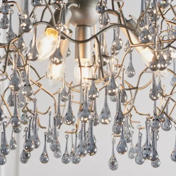 4 Light Chandelier with Glass Droplets - Silver