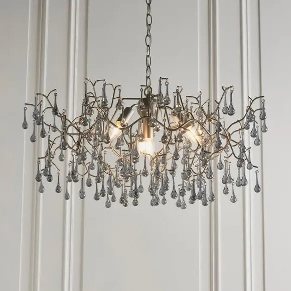 4 Light Chandelier with Glass Droplets - Silver