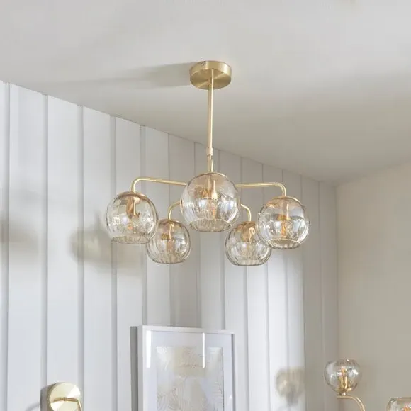 5-Light Chandelier with Dimpled Shades - Brass