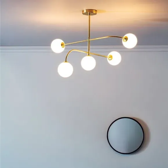 5-Light Semi Flush Ceiling Light - Brass, Glass