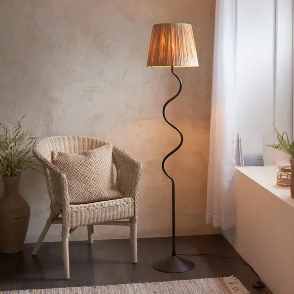 Boho Floor Lamp with Wriggle Stem - Black, Raffia image
