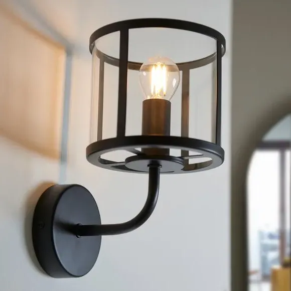 Industrial Wall Light with Glass Shade - Black