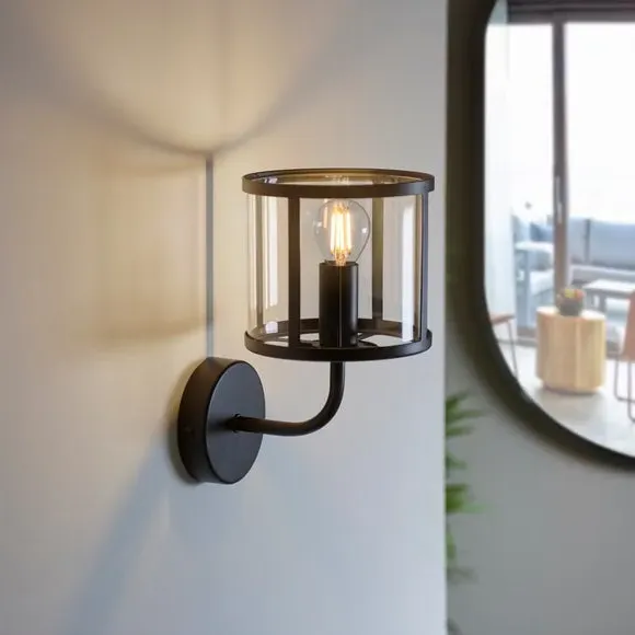 Industrial Wall Light with Glass Shade - Black image