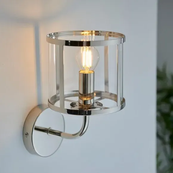 Industrial Wall Light with Glass Shade - Nickel