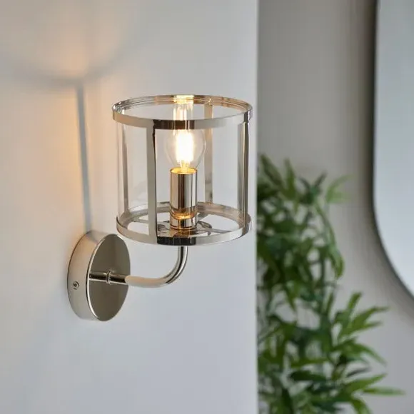Industrial Wall Light with Glass Shade - Nickel