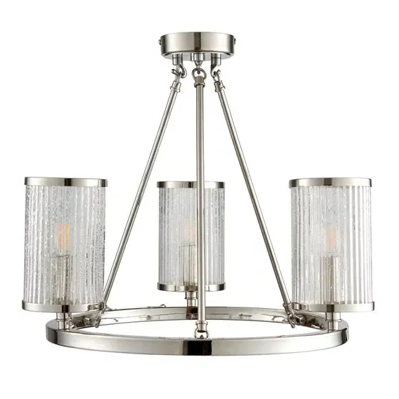 Semi Flush Ceiling Light - Silver, Ribbed Glass