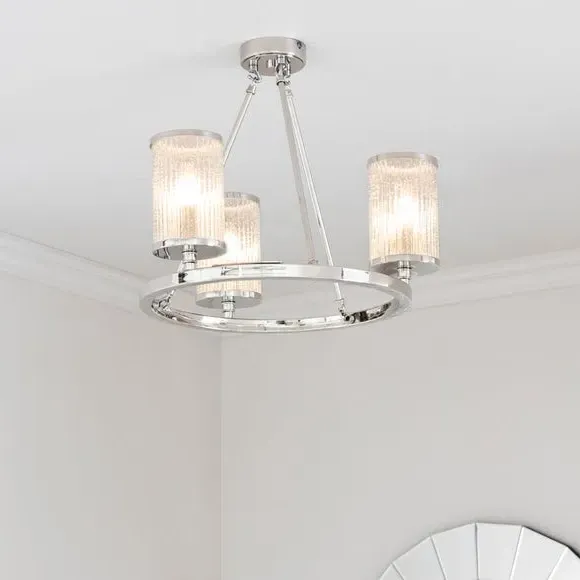 Semi Flush Ceiling Light - Silver, Ribbed Glass
