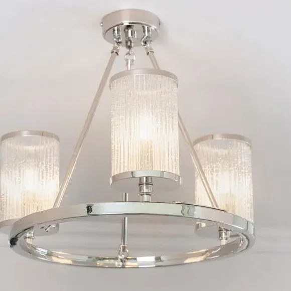 Semi Flush Ceiling Light - Silver, Ribbed Glass