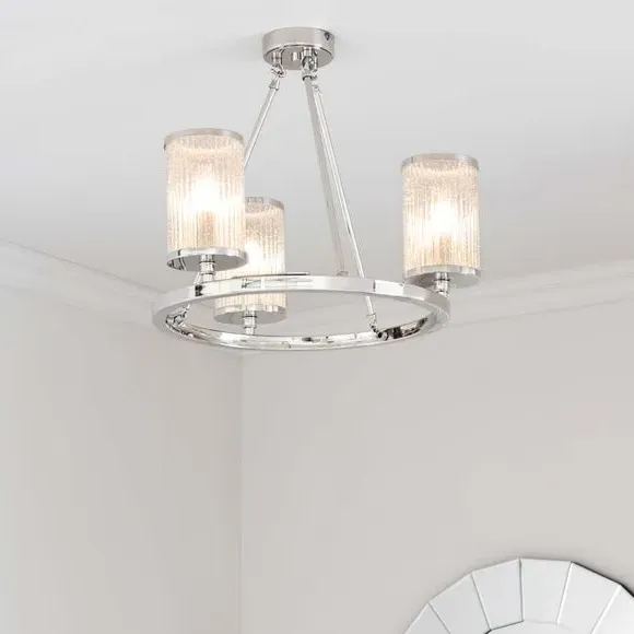 Semi Flush Ceiling Light - Silver, Ribbed Glass image