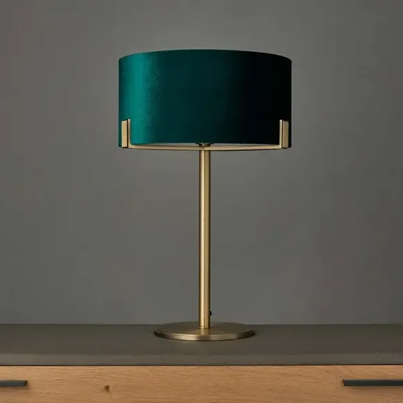 Table Lamp with Velvet Shade - Green, Brass