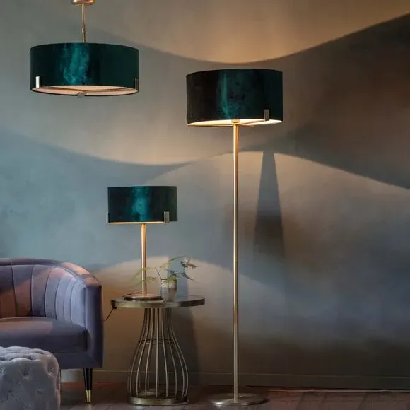 Table Lamp with Velvet Shade - Green, Brass