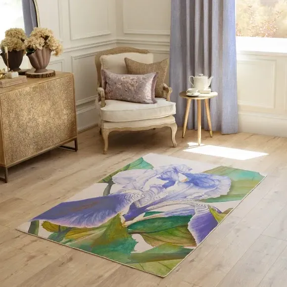 Botanical Rug with Floral Design - Blue, Wool image