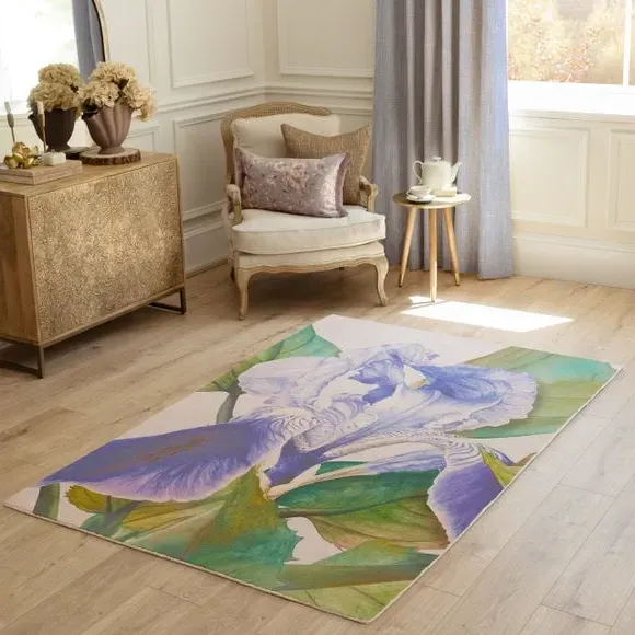 Botanical Rug with Floral Design - Blue, Wool