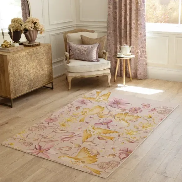 Botanical Rug with Floral Design - Pink, Wool image