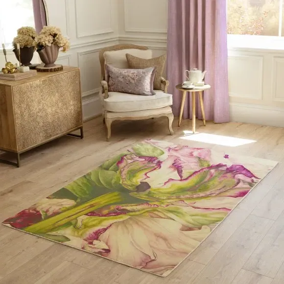Botanical Rug with Hand-Painted Design - Fuchsia