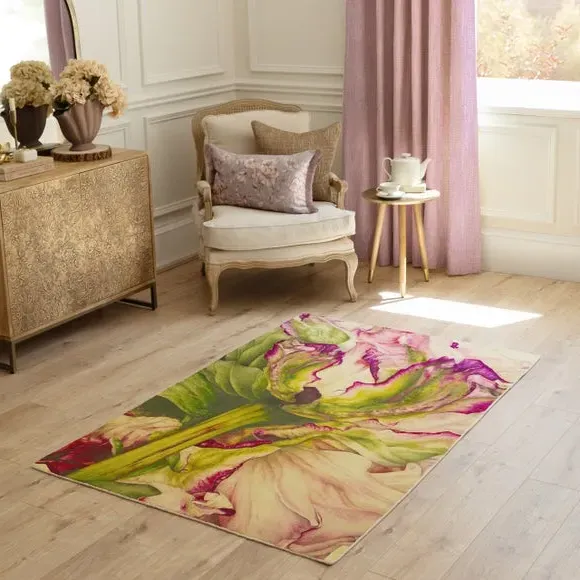 Botanical Rug with Hand-Painted Design - Fuchsia image