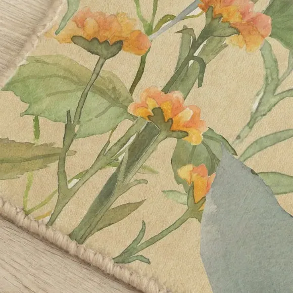 Botanical Rug with Watercolor Design - Orange, Wool