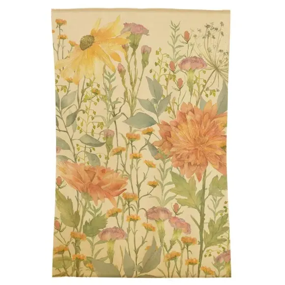 Botanical Rug with Watercolor Design - Orange, Wool