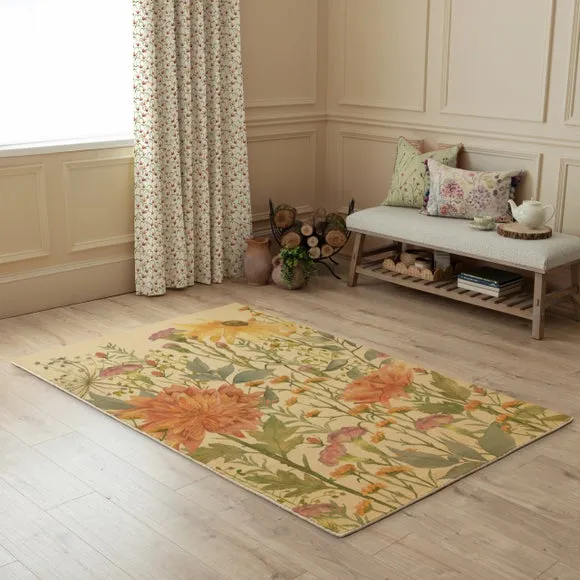 Botanical Rug with Watercolor Design - Orange, Wool