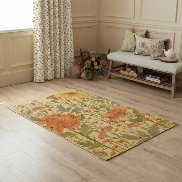 Botanical Rug with Watercolor Design - Orange, Wool image