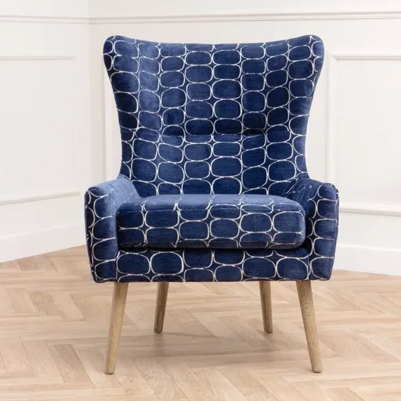 Occasional Armchair with Wooden Base - Blue, Velvet