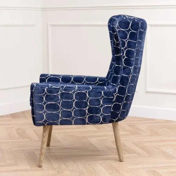 Occasional Armchair with Wooden Base - Blue, Velvet