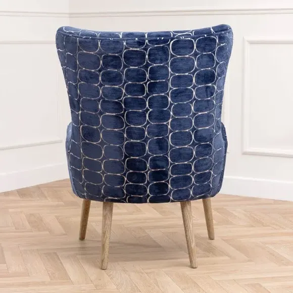 Occasional Armchair with Wooden Base - Blue, Velvet