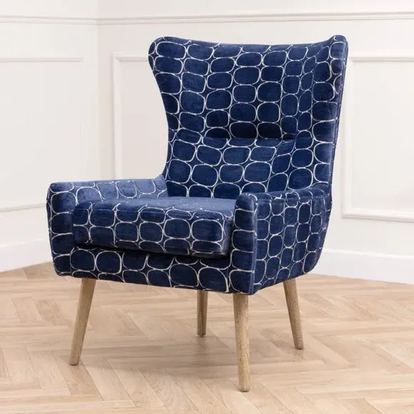 Occasional Armchair with Wooden Base - Blue, Velvet