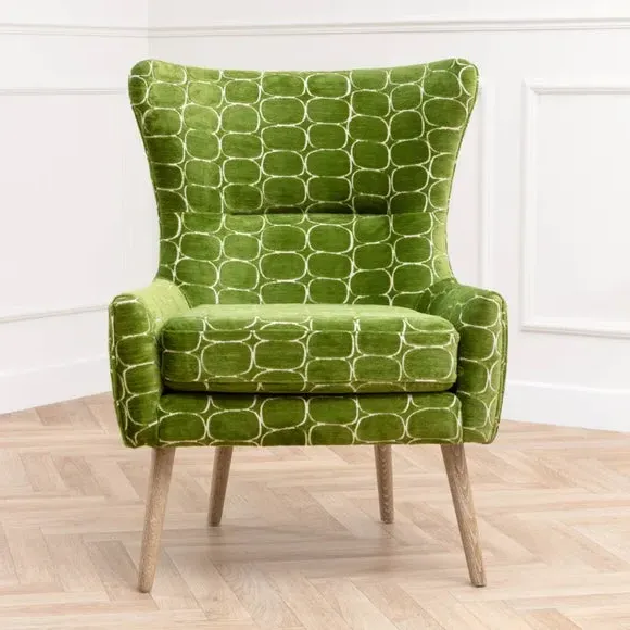 Occasional Armchair with Wooden Base - Green, Velvet