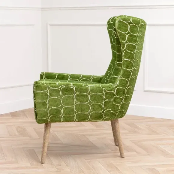 Occasional Armchair with Wooden Base - Green, Velvet