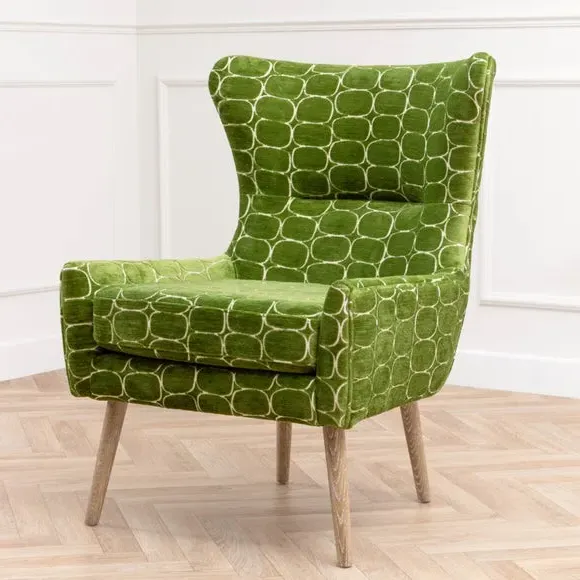 Occasional Armchair with Wooden Base - Green, Velvet