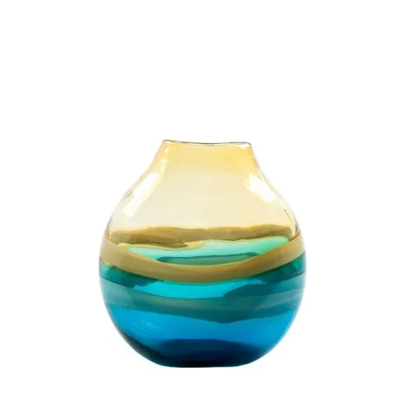 Oval Glass Vase with Abstract Pattern - Aqua