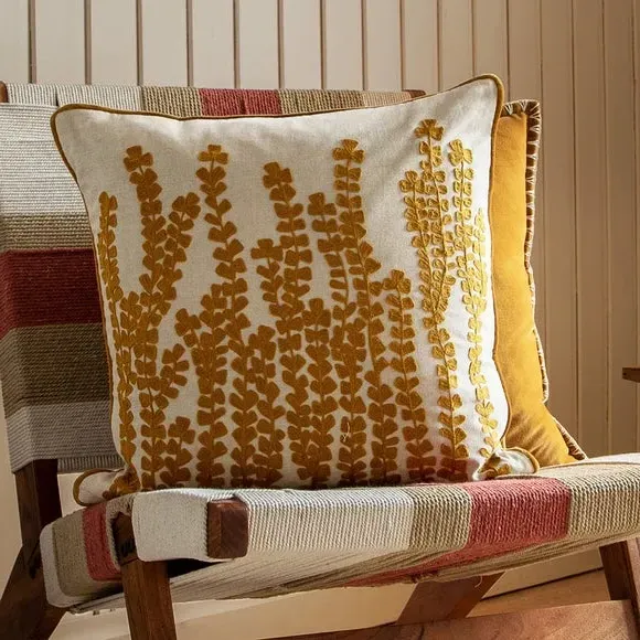 Square Cushion with Floral Print - Mustard, Cotton image