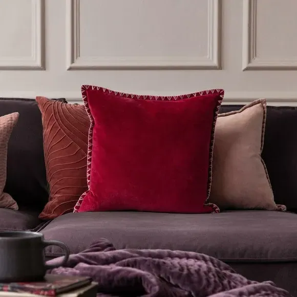Square Cushion with Stitch Trim - Red, Velvet