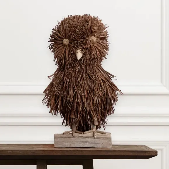 Standing Owl Ornament - Brown, Rattan Wood